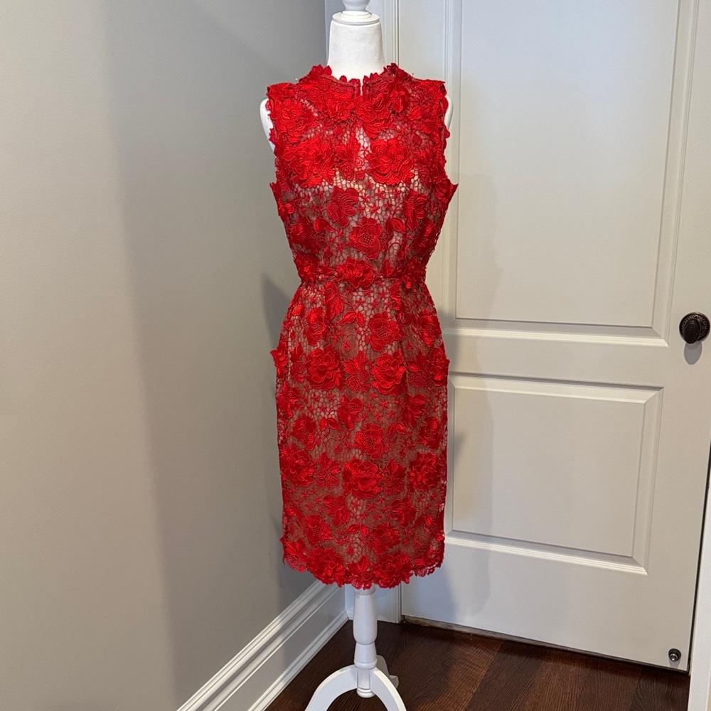 Mikael Aghal Red Floral Lace Midi Dress